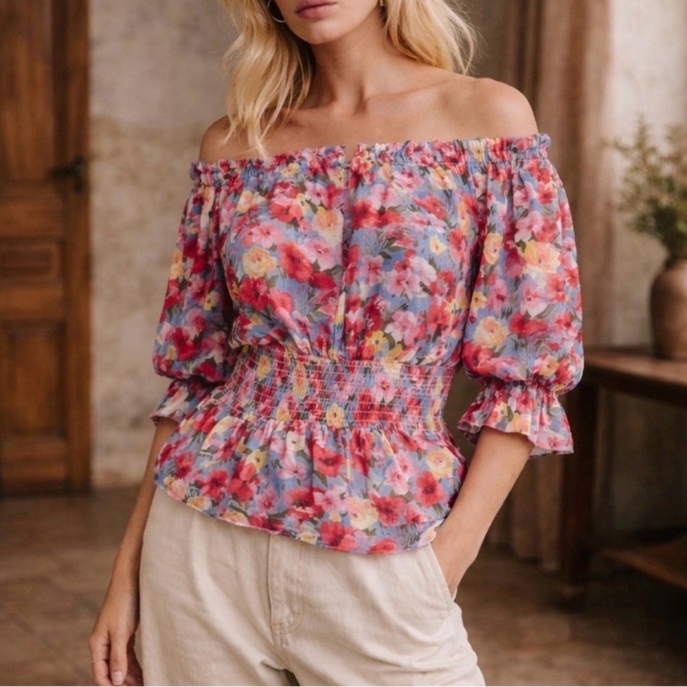 L'Agence Aubriella Off the Shoulder Floral Blouse Cottagecore - Large - EUC